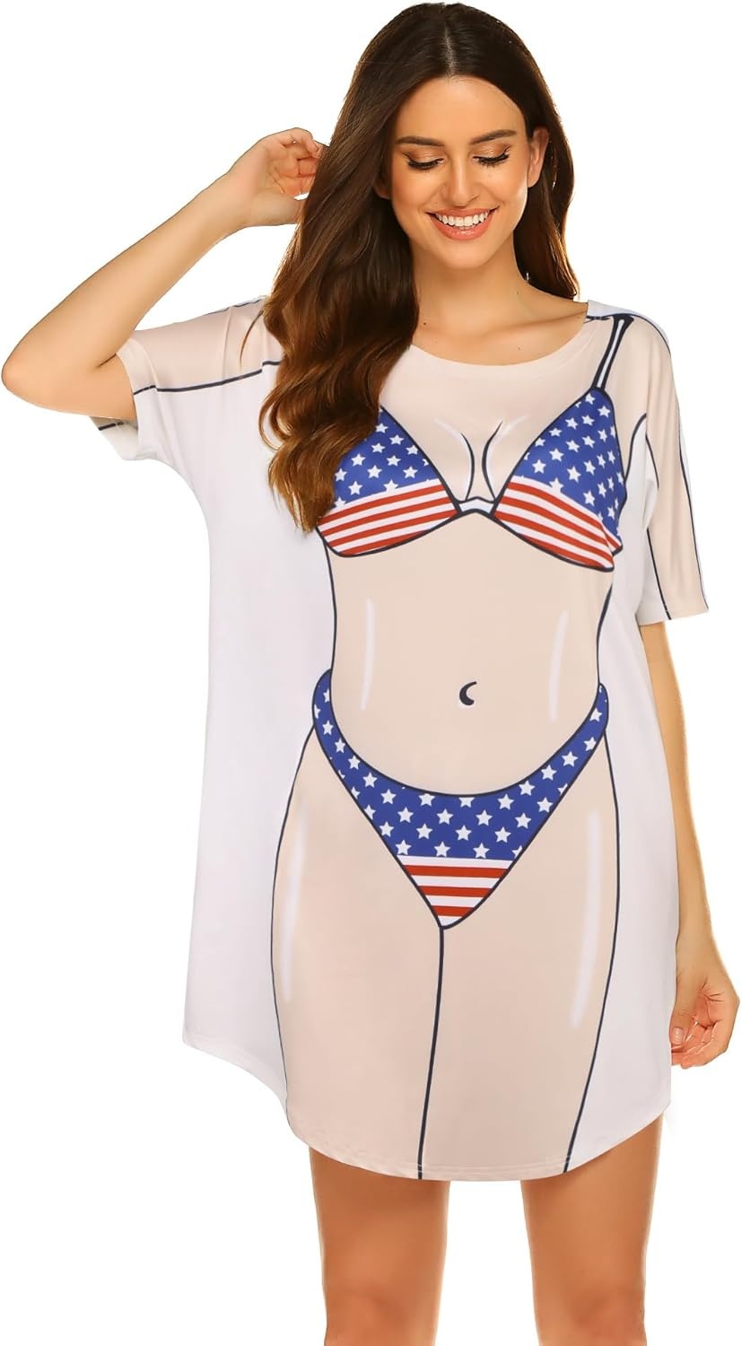 image:imageEkouaer Womens Bikini Shirt Cover Up Short Sleeve Cute Bikini Print CoverUp Baggy T Shirt Dress Fun WearUsa Flag