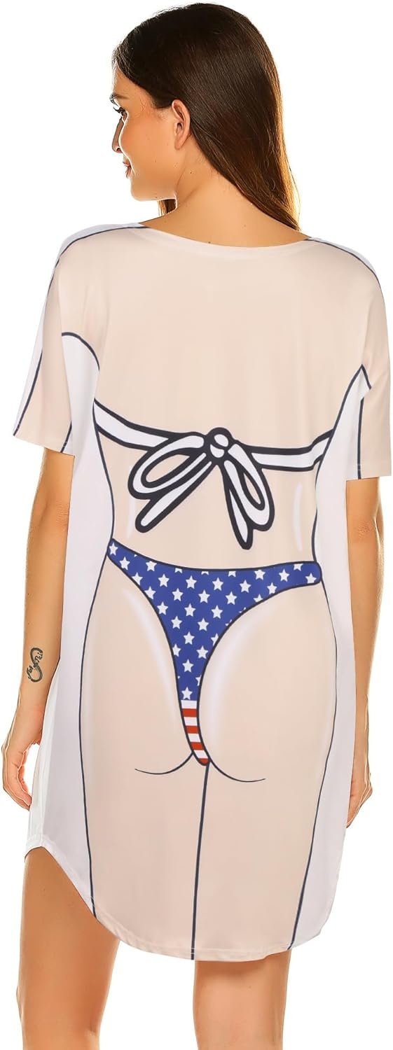 image:imageEkouaer Womens Bikini Shirt Cover Up Short Sleeve Cute Bikini Print CoverUp Baggy T Shirt Dress Fun WearUsa Flag