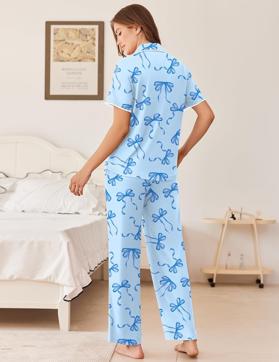image:imageEkouaer Womens Pajama Sets Button Down Loungewear Short Sleeve Sleepwear 2 Piece Pants Pjs Set with Pockets SXXLBlue Bow