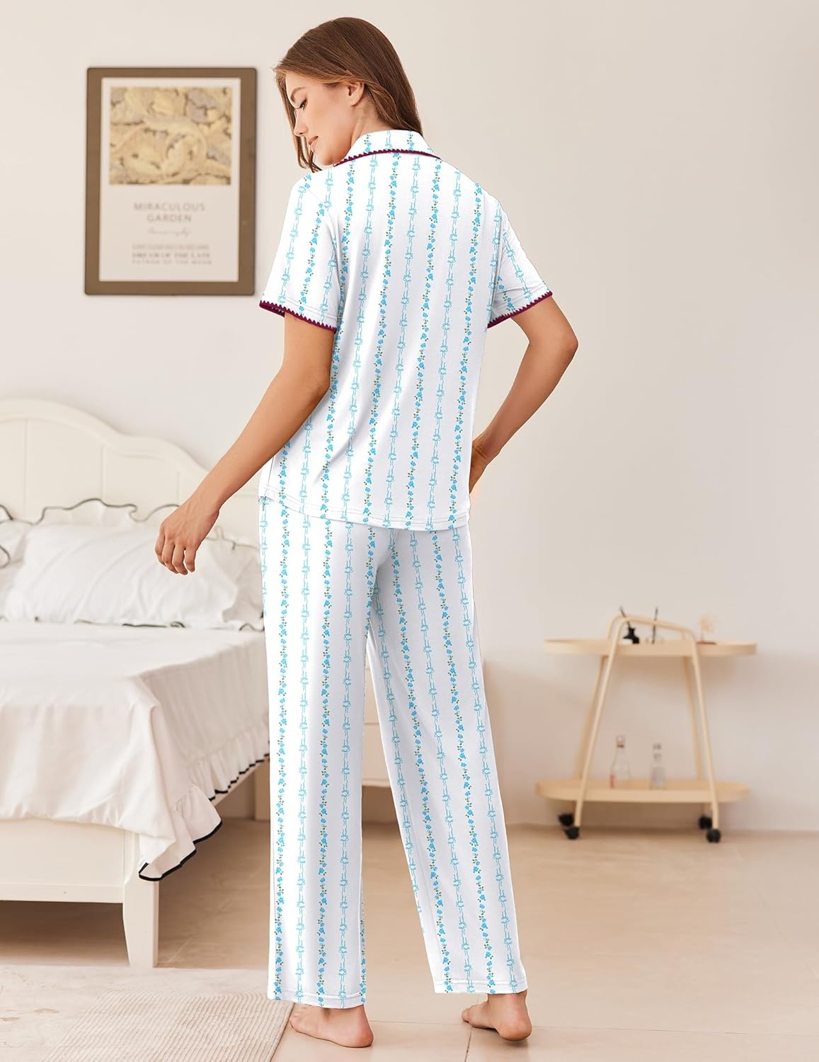 image:imageEkouaer Womens Pajama Sets Button Down Loungewear Short Sleeve Sleepwear 2 Piece Pants Pjs Set with Pockets SXXLBlue Stripe Bow