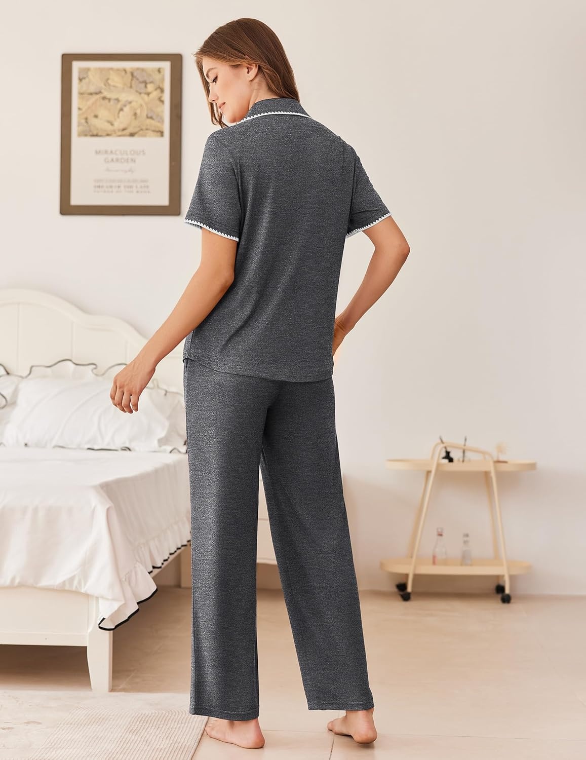 image:imageEkouaer Womens Pajama Sets Button Down Loungewear Short Sleeve Sleepwear 2 Piece Pants Pjs Set with Pockets SXXLDark Grey