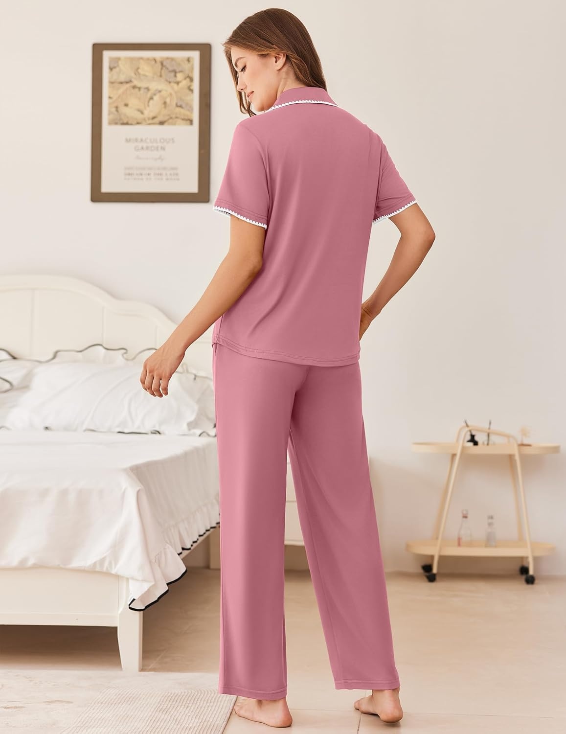 image:imageEkouaer Womens Pajama Sets Button Down Loungewear Short Sleeve Sleepwear 2 Piece Pants Pjs Set with Pockets SXXLDusty Rose