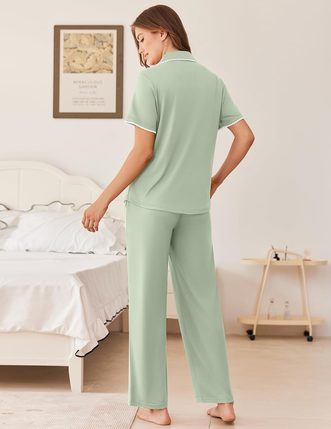 image:imageEkouaer Womens Pajama Sets Button Down Loungewear Short Sleeve Sleepwear 2 Piece Pants Pjs Set with Pockets SXXLLight Green