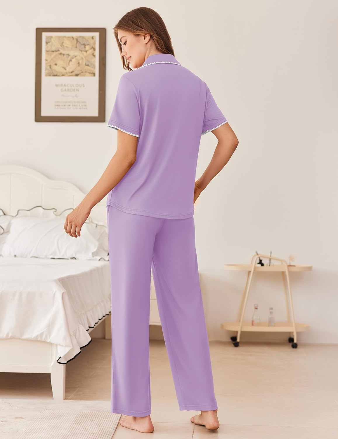 image:imageEkouaer Womens Pajama Sets Button Down Loungewear Short Sleeve Sleepwear 2 Piece Pants Pjs Set with Pockets SXXLLilac