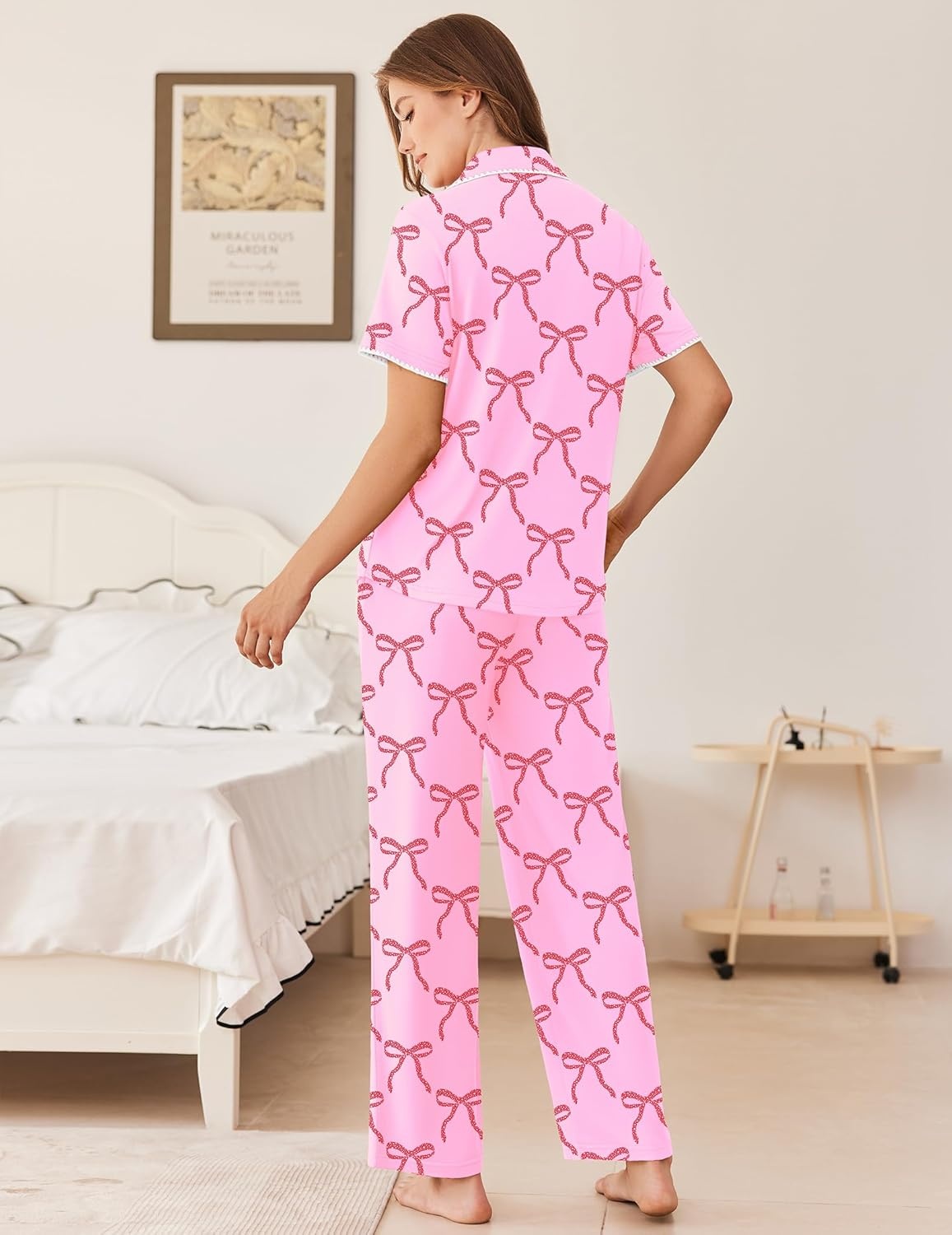 image:imageEkouaer Womens Pajama Sets Button Down Loungewear Short Sleeve Sleepwear 2 Piece Pants Pjs Set with Pockets SXXLPink Bow Knot
