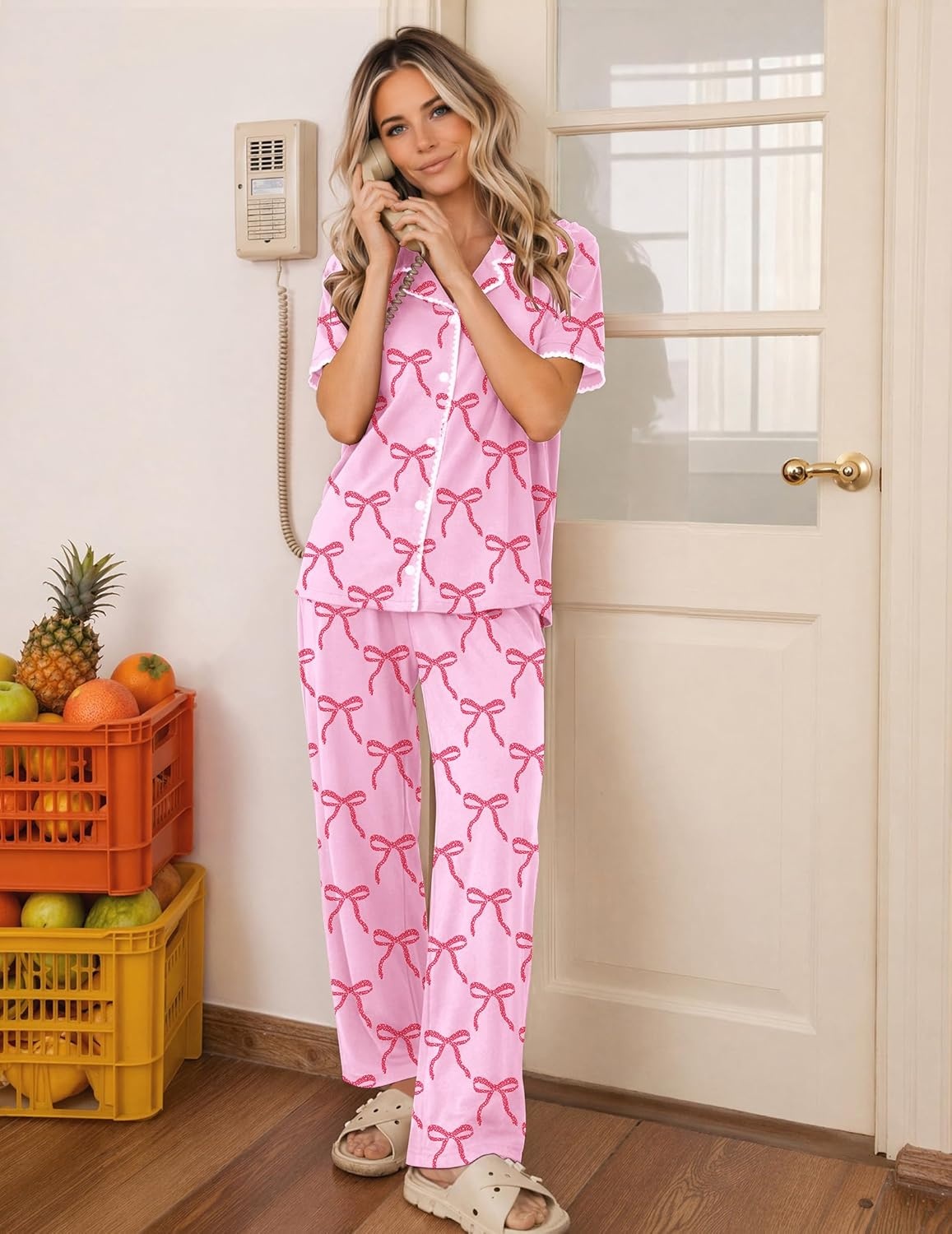 image:imageEkouaer Womens Pajama Sets Button Down Loungewear Short Sleeve Sleepwear 2 Piece Pants Pjs Set with Pockets SXXLPink Bow Knot