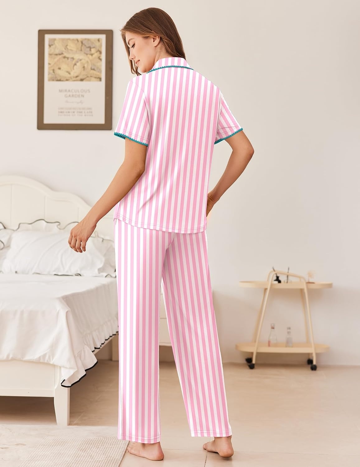 image:imageEkouaer Womens Pajama Sets Button Down Loungewear Short Sleeve Sleepwear 2 Piece Pants Pjs Set with Pockets SXXLPink Stripe