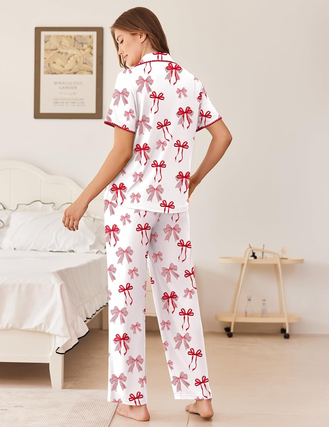 image:imageEkouaer Womens Pajama Sets Button Down Loungewear Short Sleeve Sleepwear 2 Piece Pants Pjs Set with Pockets SXXLRed Bow