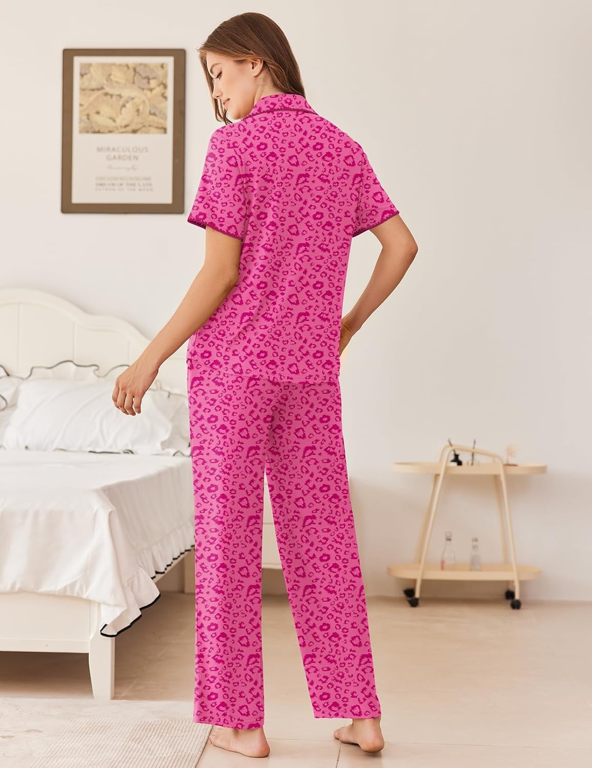 image:imageEkouaer Womens Pajama Sets Button Down Loungewear Short Sleeve Sleepwear 2 Piece Pants Pjs Set with Pockets SXXLRose Leopard