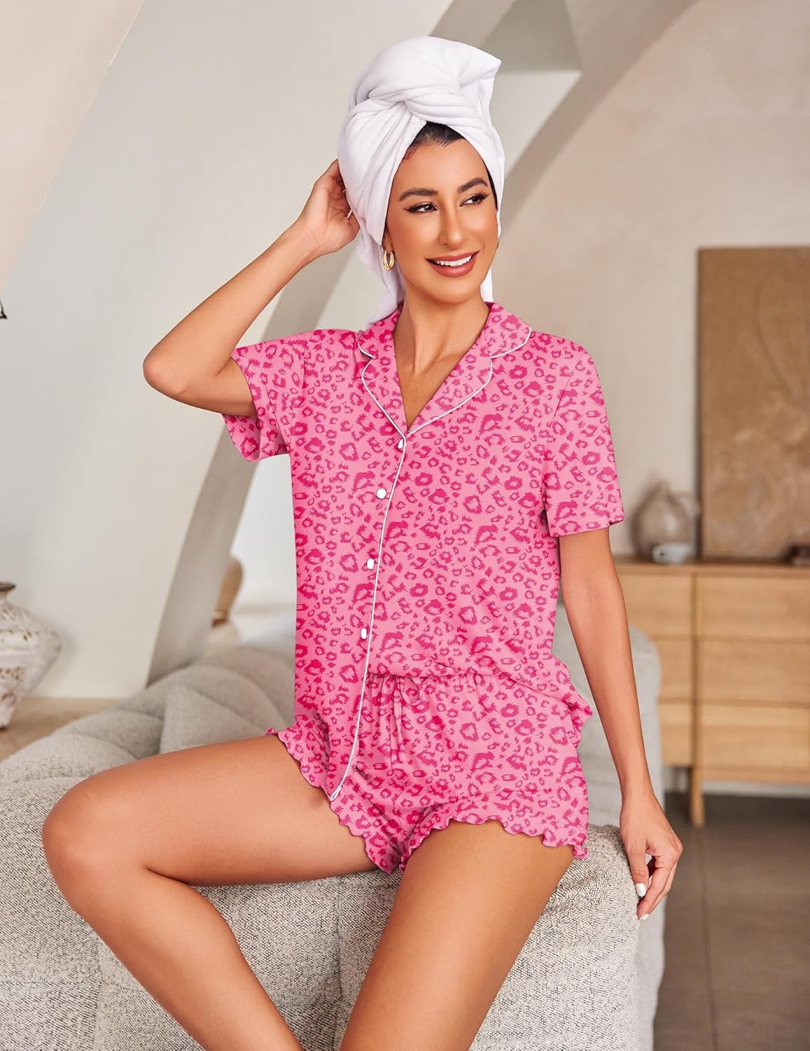 image:imageEkouaer Womens Pajama Sets Button Down Short Sleeve Top and Shorts Cute Ruffled Pjs Sets SleepwearHot Pink Leopard