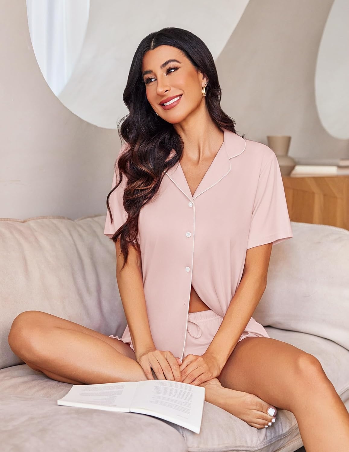 image:imageEkouaer Womens Pajama Sets Button Down Short Sleeve Top and Shorts Cute Ruffled Pjs Sets SleepwearLight Pink