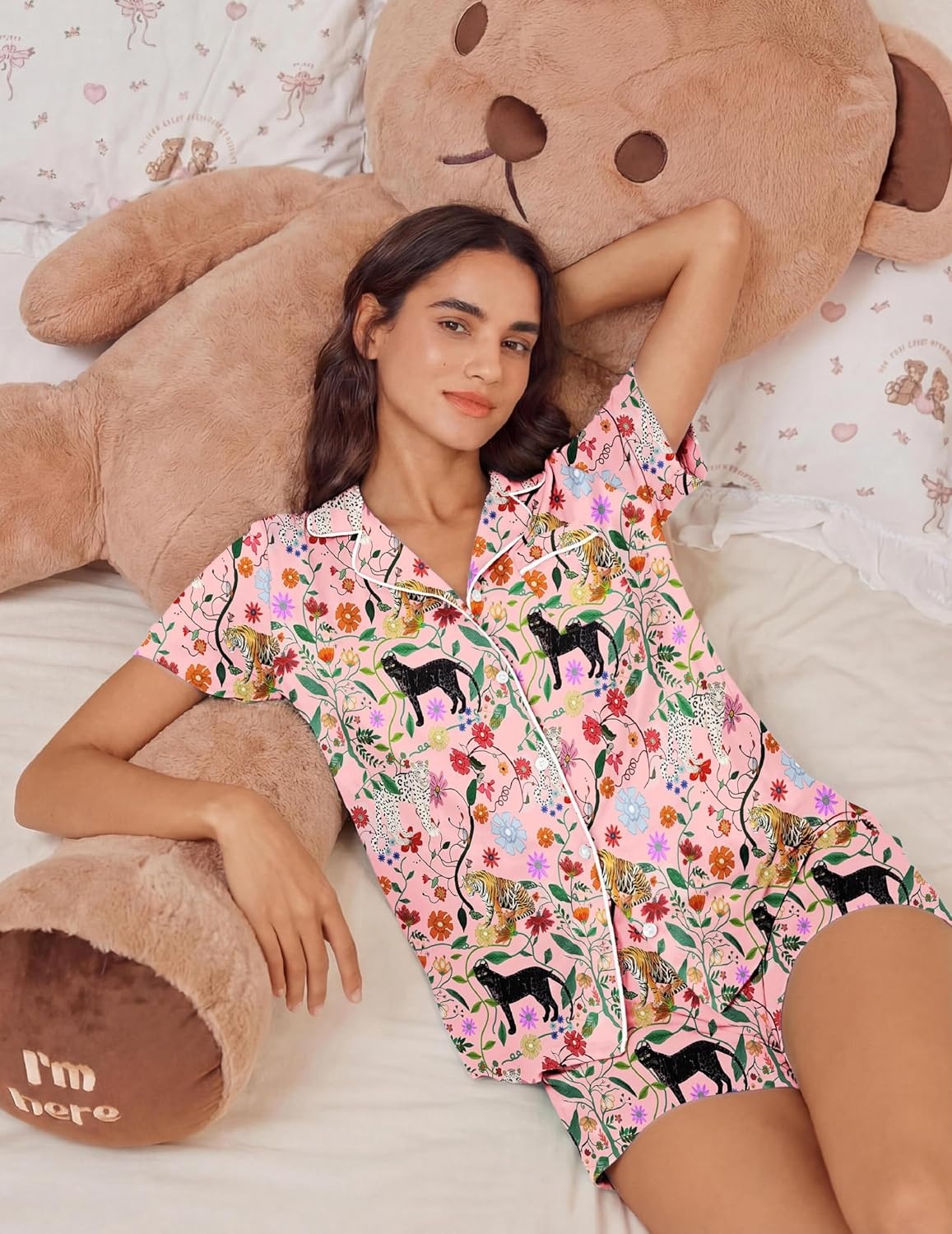 image:imageEkouaer Womens Pajamas Set Soft Classic Notch Collar Bride Pjs Comfy Short Sleeve Sleepwear LoungewearFlowers Tiger