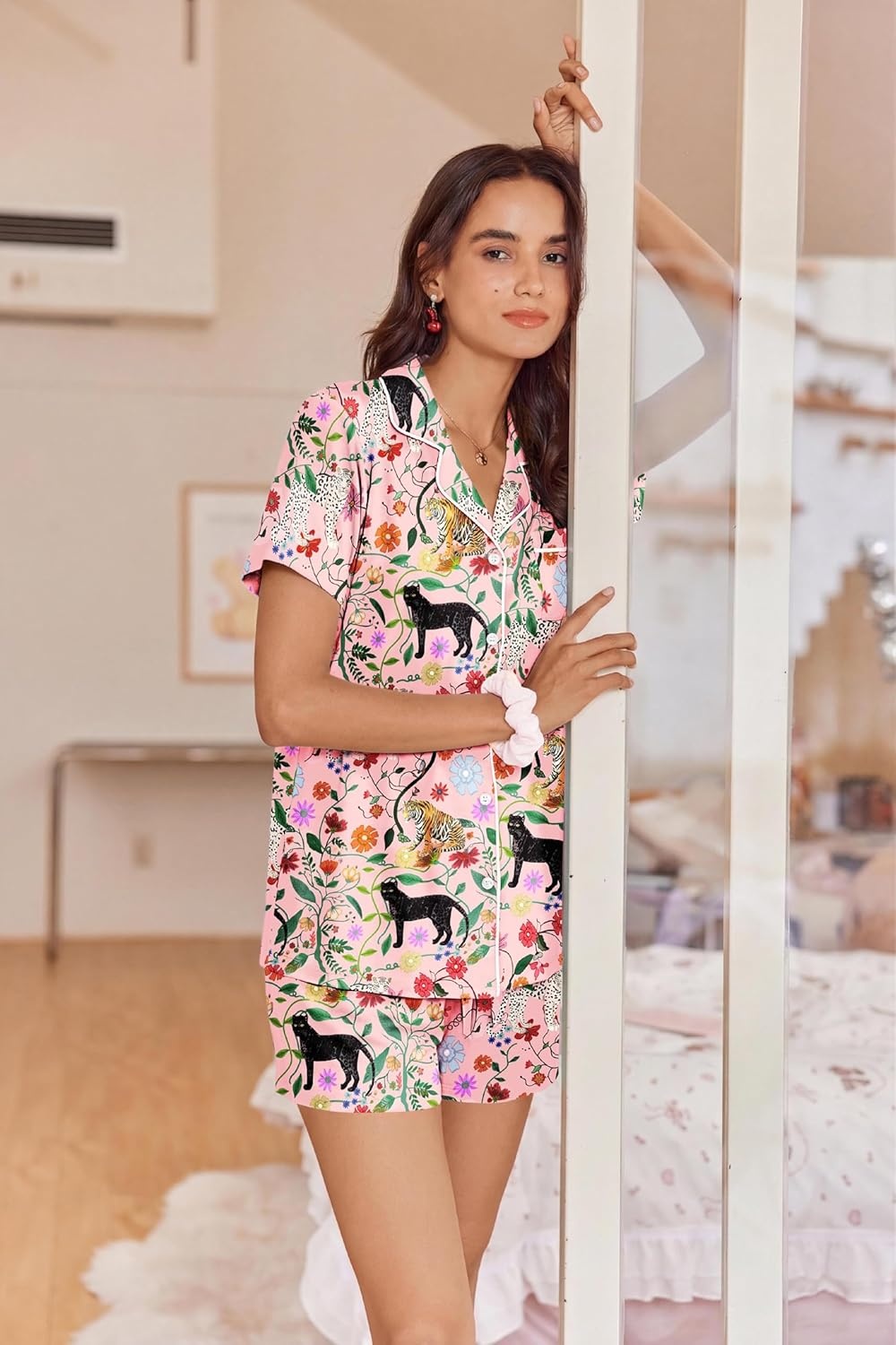 image:imageEkouaer Womens Pajamas Set Soft Classic Notch Collar Bride Pjs Comfy Short Sleeve Sleepwear LoungewearFlowers Tiger