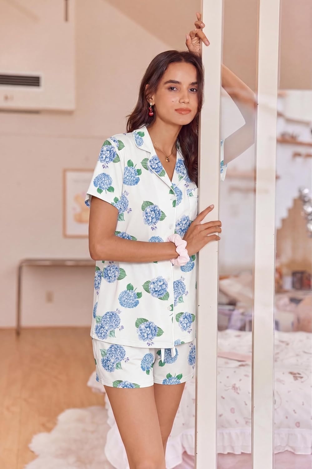 image:imageEkouaer Womens Pajamas Set Soft Classic Notch Collar Bride Pjs Comfy Short Sleeve Sleepwear LoungewearHydrangea Blue
