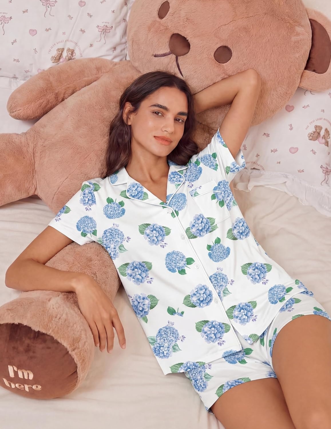 image:imageEkouaer Womens Pajamas Set Soft Classic Notch Collar Bride Pjs Comfy Short Sleeve Sleepwear LoungewearHydrangea Blue