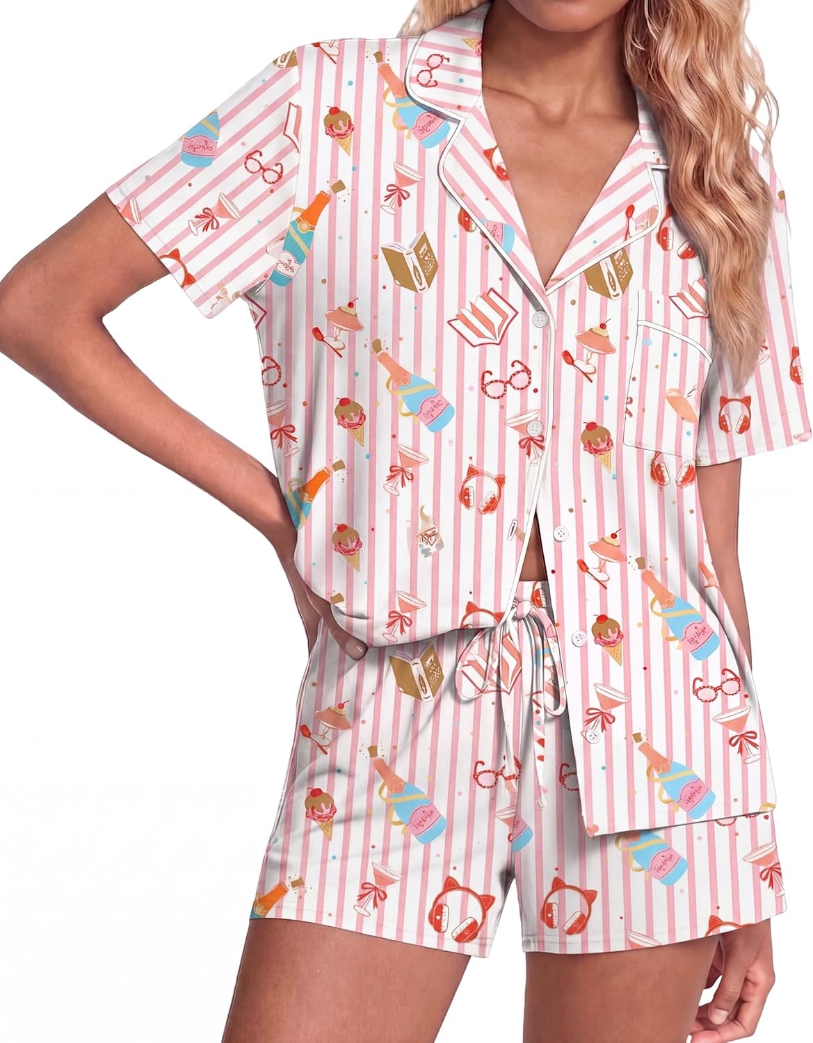 image:imageEkouaer Womens Pajamas Set Soft Classic Notch Collar Bride Pjs Comfy Short Sleeve Sleepwear LoungewearWine Glass
