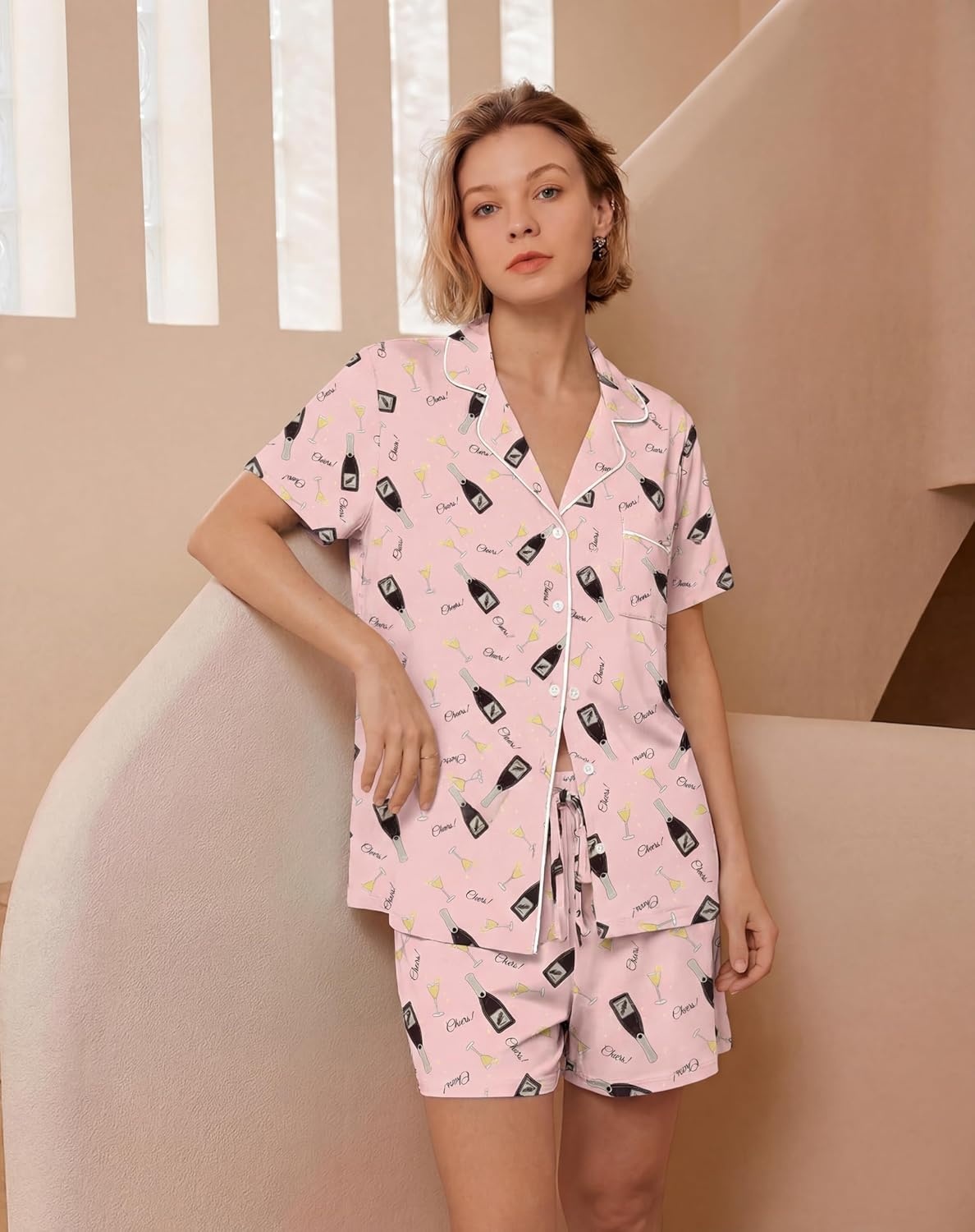 image:imageEkouaer Womens Pajamas Set Soft Classic Notch Collar Bride Pjs Comfy Short Sleeve Sleepwear LoungewearWine Glass