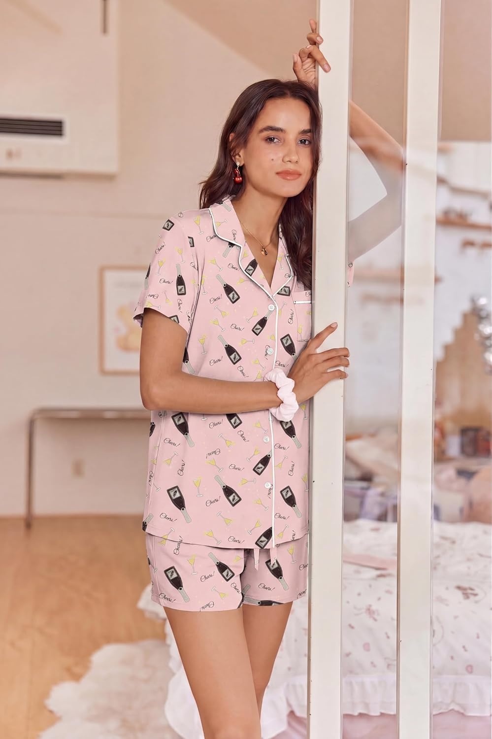 image:imageEkouaer Womens Pajamas Set Soft Classic Notch Collar Bride Pjs Comfy Short Sleeve Sleepwear LoungewearWine Glass