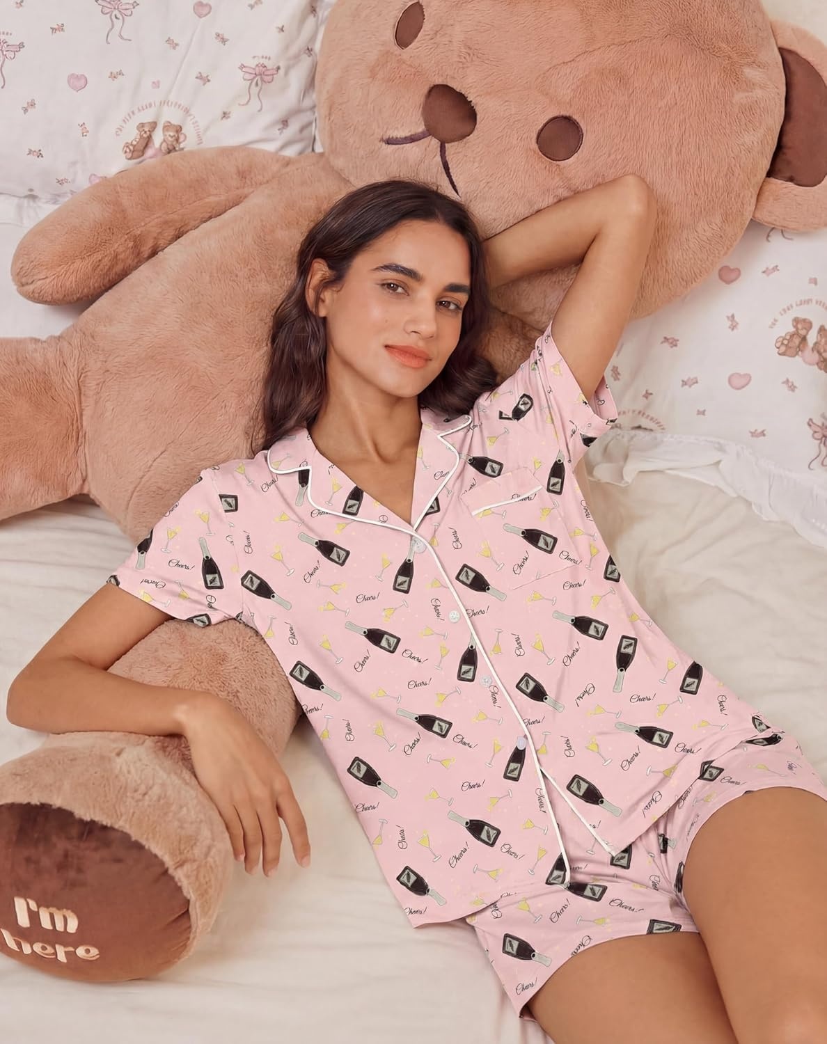 image:imageEkouaer Womens Pajamas Set Soft Classic Notch Collar Bride Pjs Comfy Short Sleeve Sleepwear LoungewearWine Glass
