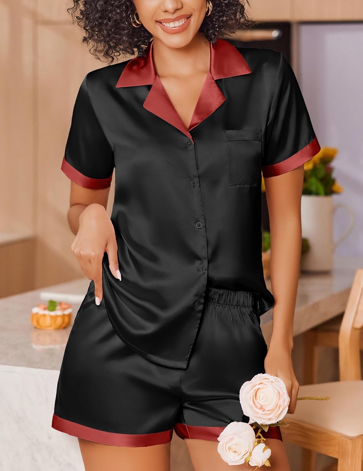 image:imageEkouaer Womens Silk Satin Pajamas Set Short Sleeve Sleepwear Button Down Loungewear 2 Piece Pjs Shorts SetBlack
