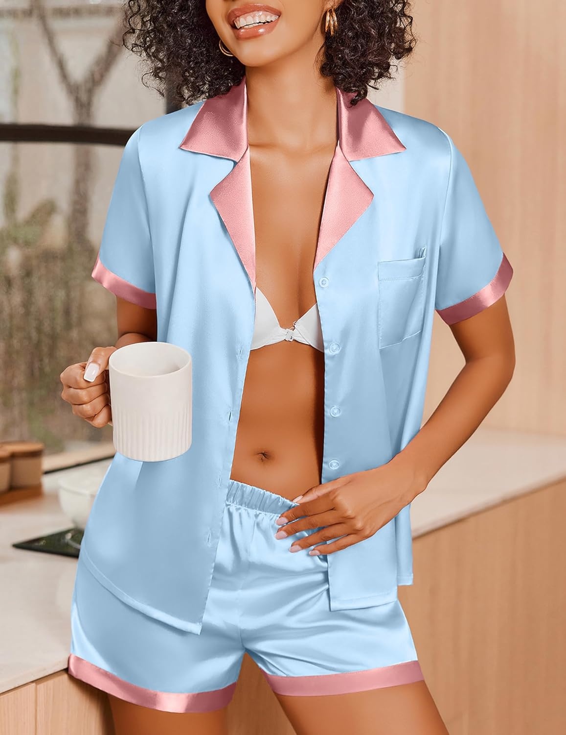 image:imageEkouaer Womens Silk Satin Pajamas Set Short Sleeve Sleepwear Button Down Loungewear 2 Piece Pjs Shorts SetBlue