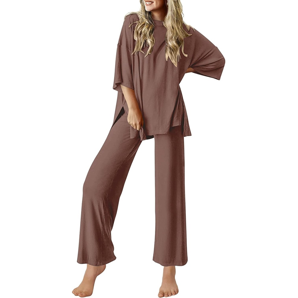 image:imageEkouaer Lounge Sets for Women Short Sleeve Tops and Long Pants Soft Comfy Pajamas Set 2 Piece OutfitsBrown