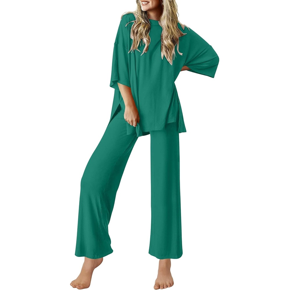 image:imageEkouaer Lounge Sets for Women Short Sleeve Tops and Long Pants Soft Comfy Pajamas Set 2 Piece OutfitsIvy Green