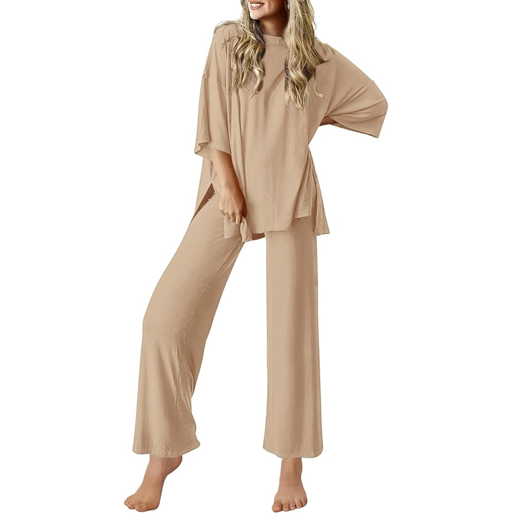 image:imageEkouaer Lounge Sets for Women Short Sleeve Tops and Long Pants Soft Comfy Pajamas Set 2 Piece OutfitsKhaki