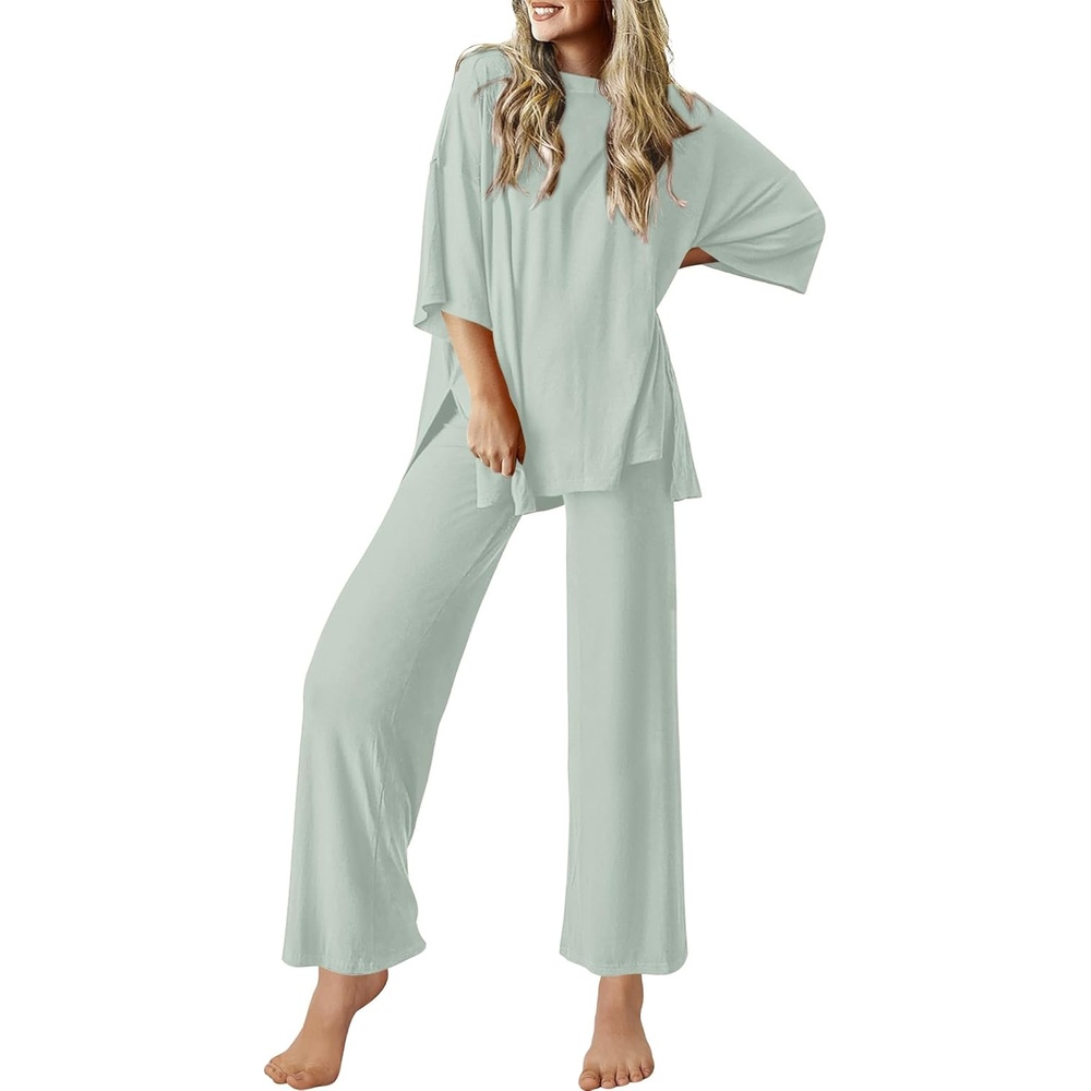 image:imageEkouaer Lounge Sets for Women Short Sleeve Tops and Long Pants Soft Comfy Pajamas Set 2 Piece OutfitsLight Green