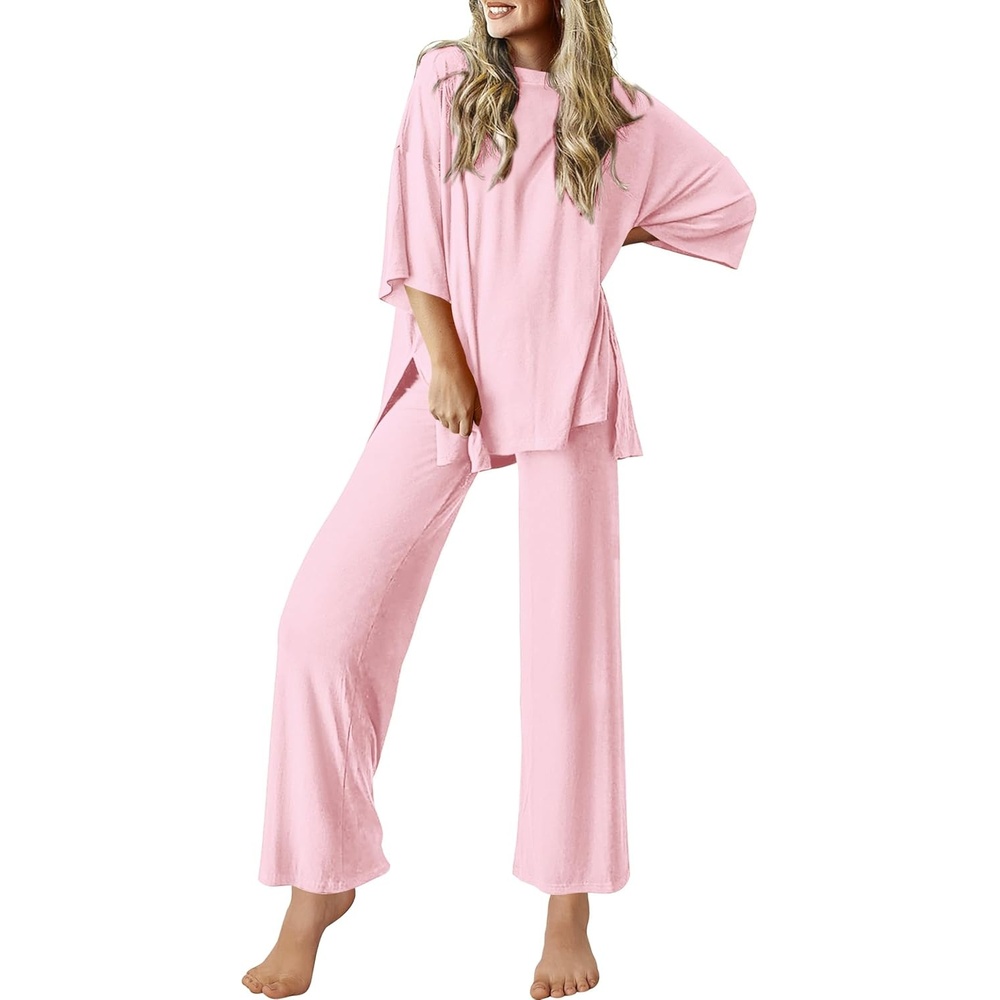 image:imageEkouaer Lounge Sets for Women Short Sleeve Tops and Long Pants Soft Comfy Pajamas Set 2 Piece OutfitsPink