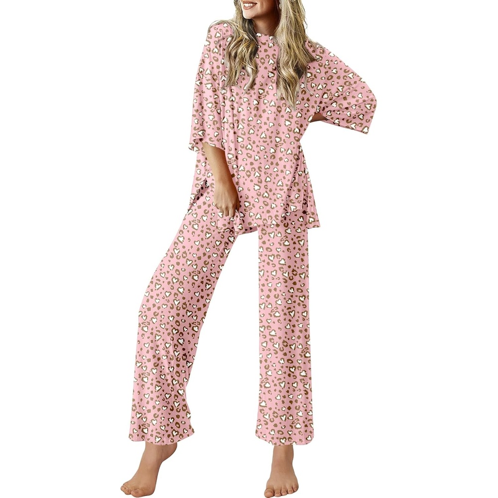 image:imageEkouaer Lounge Sets for Women Short Sleeve Tops and Long Pants Soft Comfy Pajamas Set 2 Piece OutfitsPink Leopard
