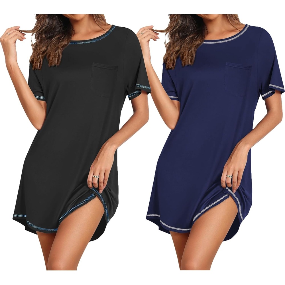 image:imageEkouaer Nightgowns for Women 2 Pack Night Gowns Short Sleeve Sleepshirts Pullover Nightshirts Soft SleepwearBlackNavy Blue