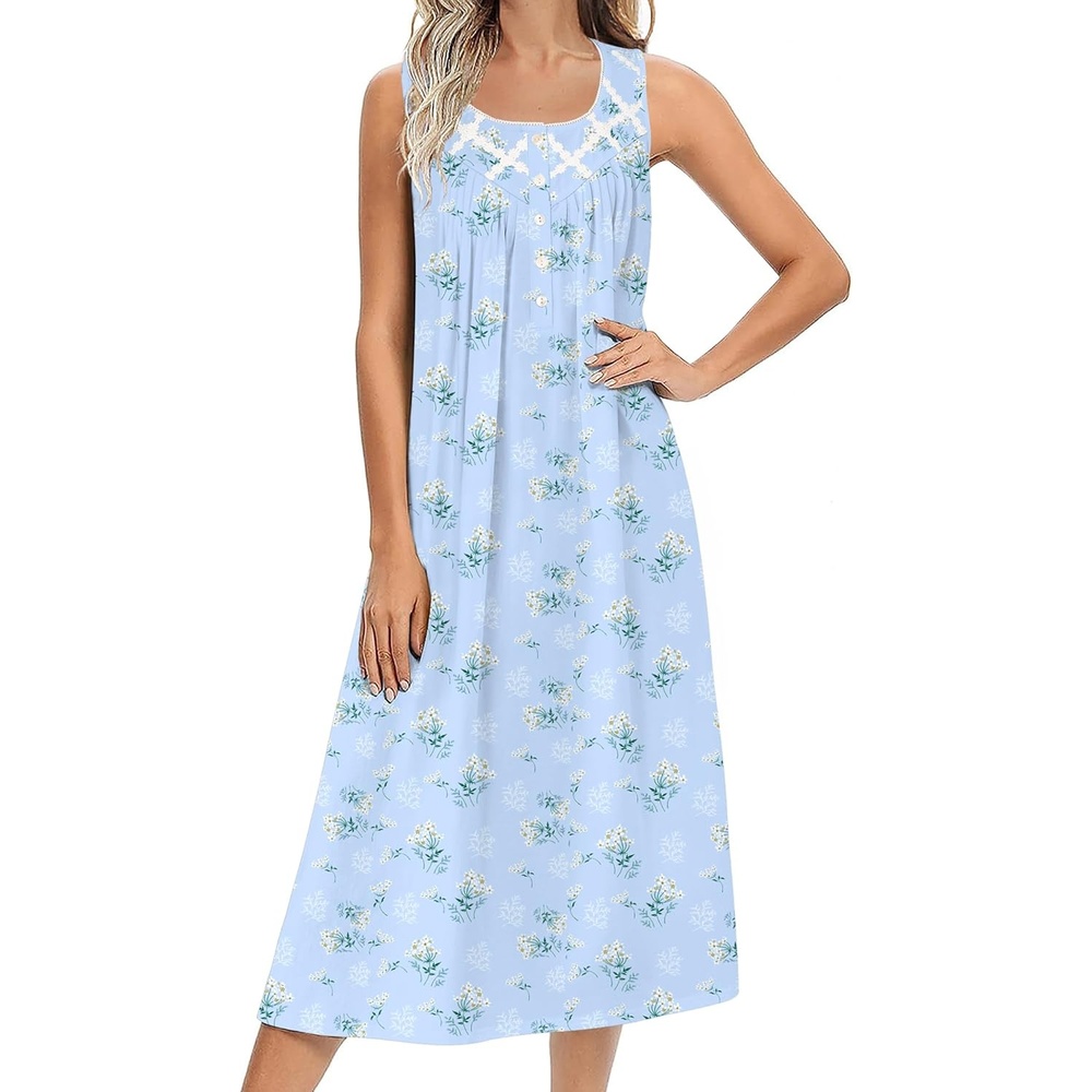 image:imageEkouaer Nightgowns for Women Cotton Long Night Gown Sleeveless Sleep Dress Victorian Nightdress Ladies SleepwearBlue Florals