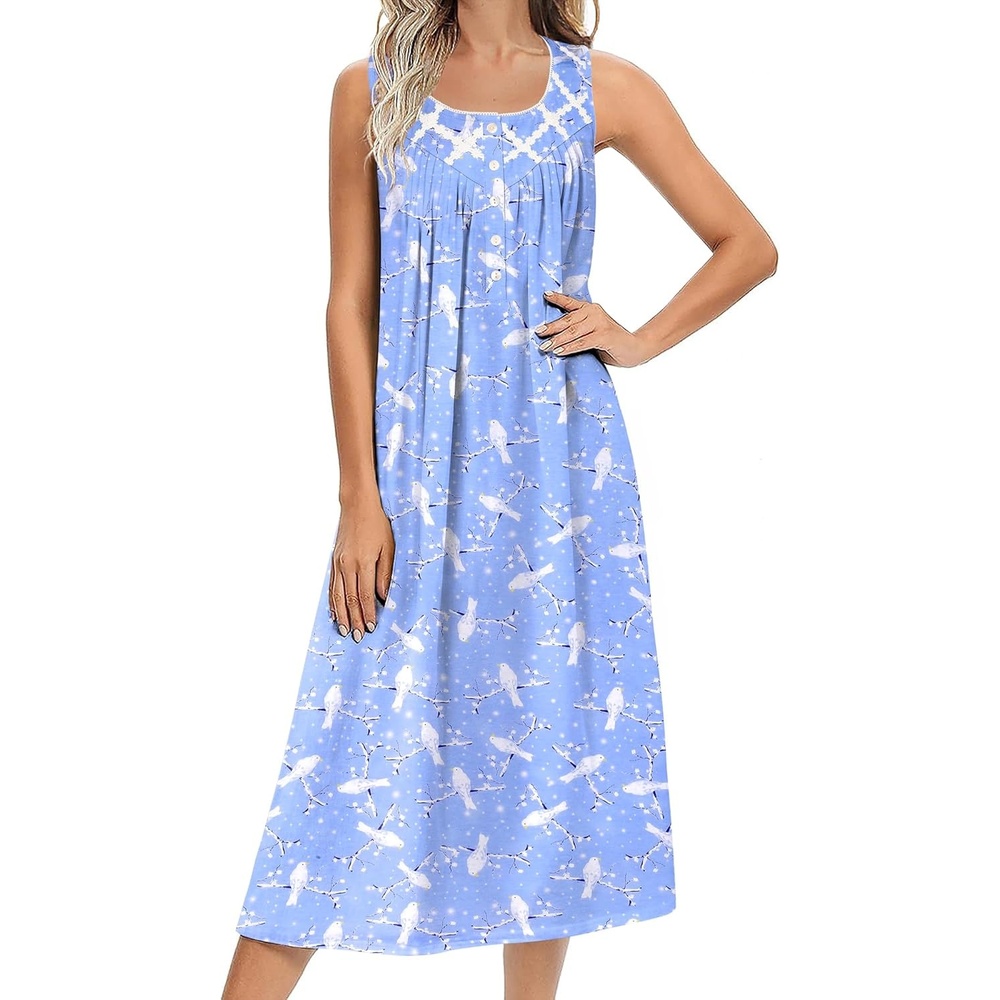 image:imageEkouaer Nightgowns for Women Cotton Long Night Gown Sleeveless Sleep Dress Victorian Nightdress Ladies SleepwearBlue White Birds