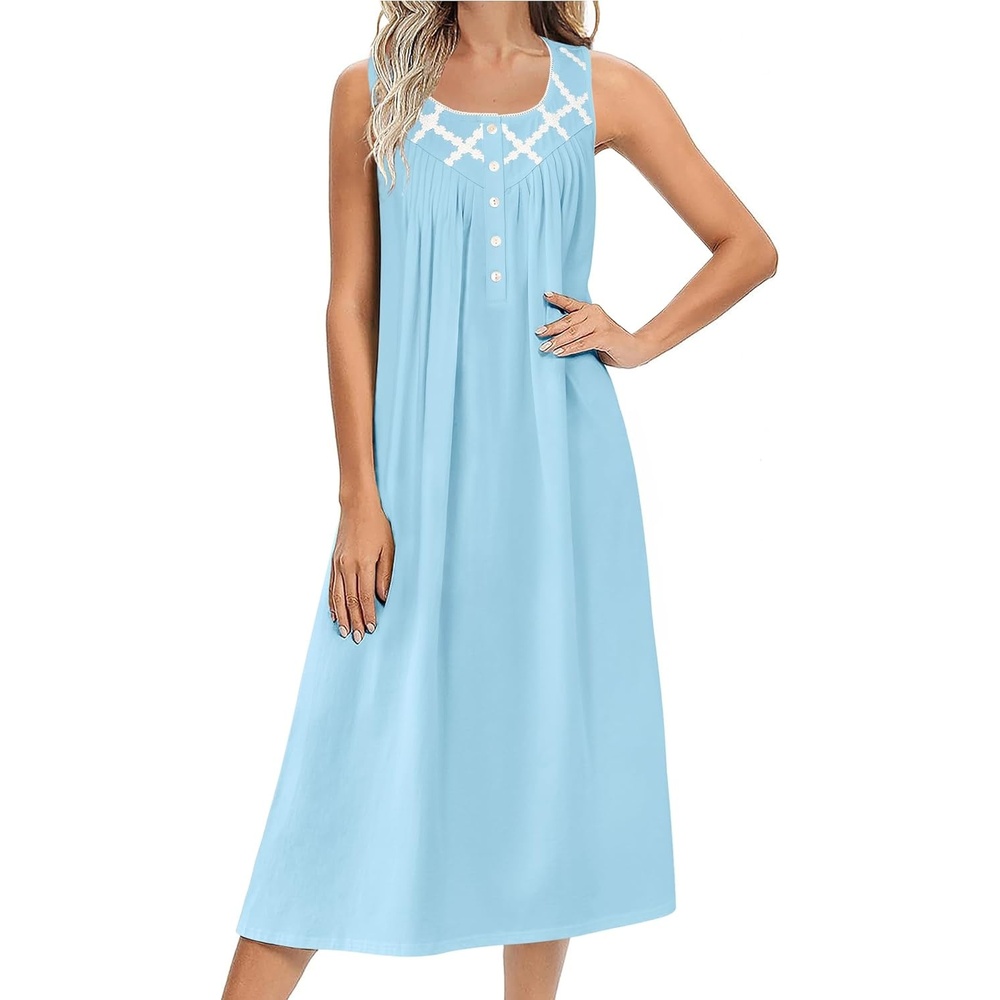 image:imageEkouaer Nightgowns for Women Cotton Long Night Gown Sleeveless Sleep Dress Victorian Nightdress Ladies SleepwearCyan