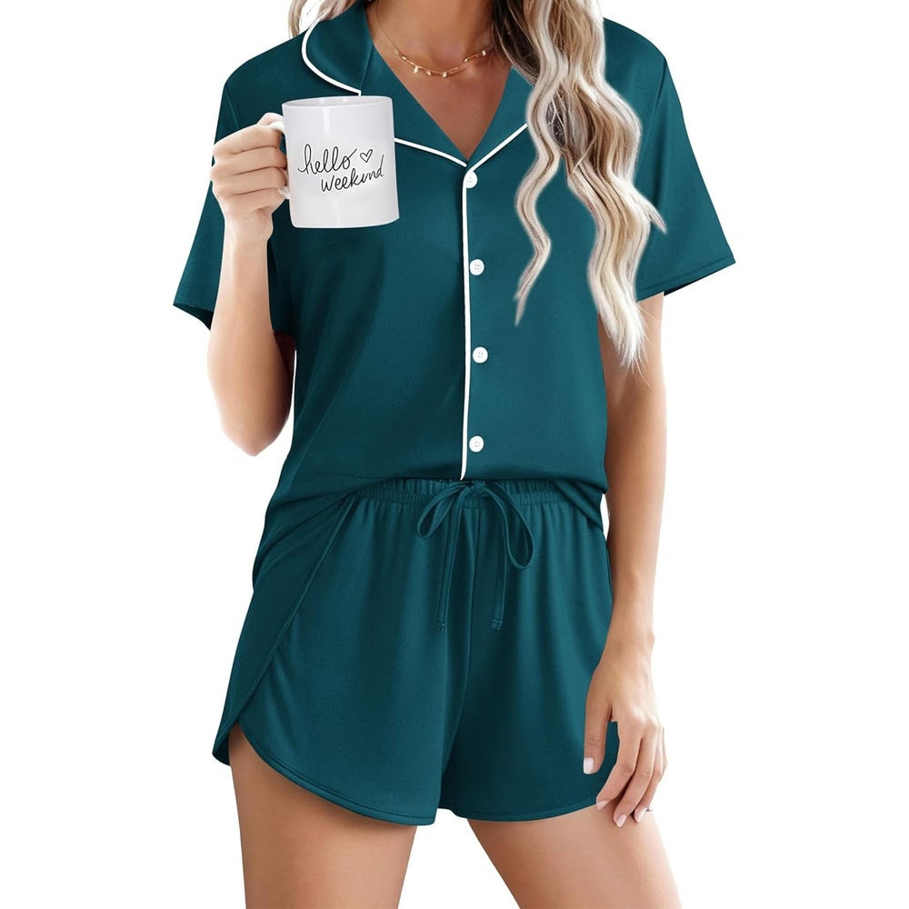 image:imageEkouaer Pajamas for Women Set Button Up Sleepwear 2 Piece Pjs Lounge Set Short Sleeve NightwearBlue Green