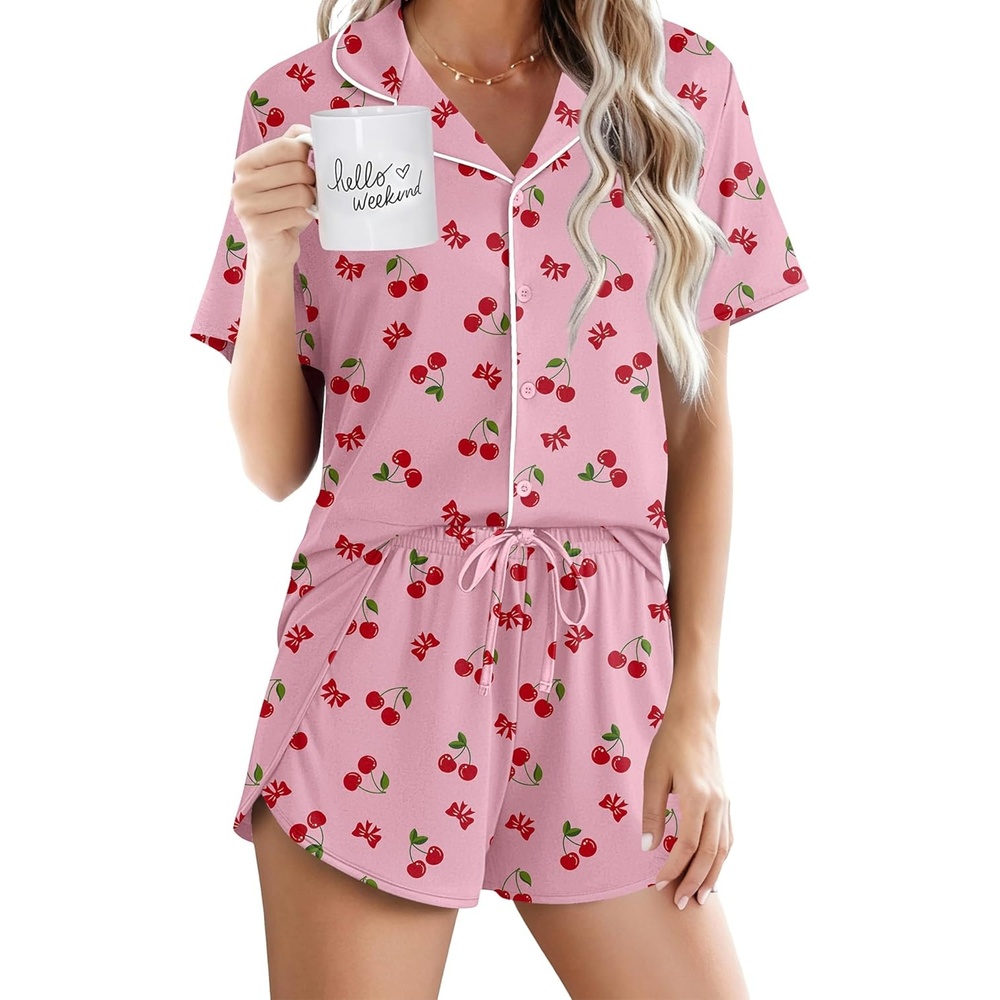 image:imageEkouaer Pajamas for Women Set Button Up Sleepwear 2 Piece Pjs Lounge Set Short Sleeve NightwearCherry