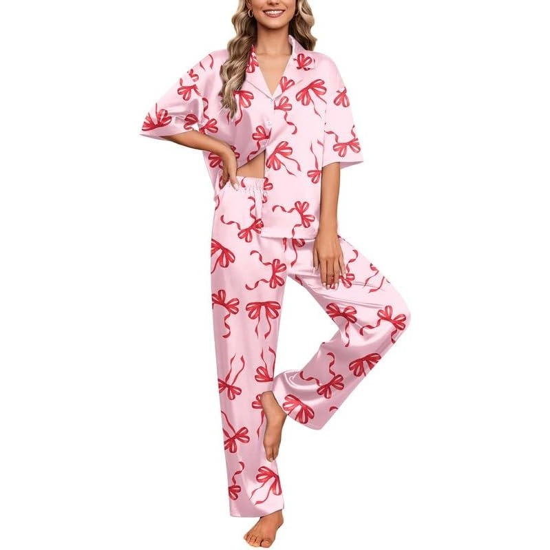 image:imageEkouaer Silk Satin Pajamas Set Women Short Sleeve Pj Sets Button Down Sleepwear 2 Piece Soft Loungewear SXXLRed Bow