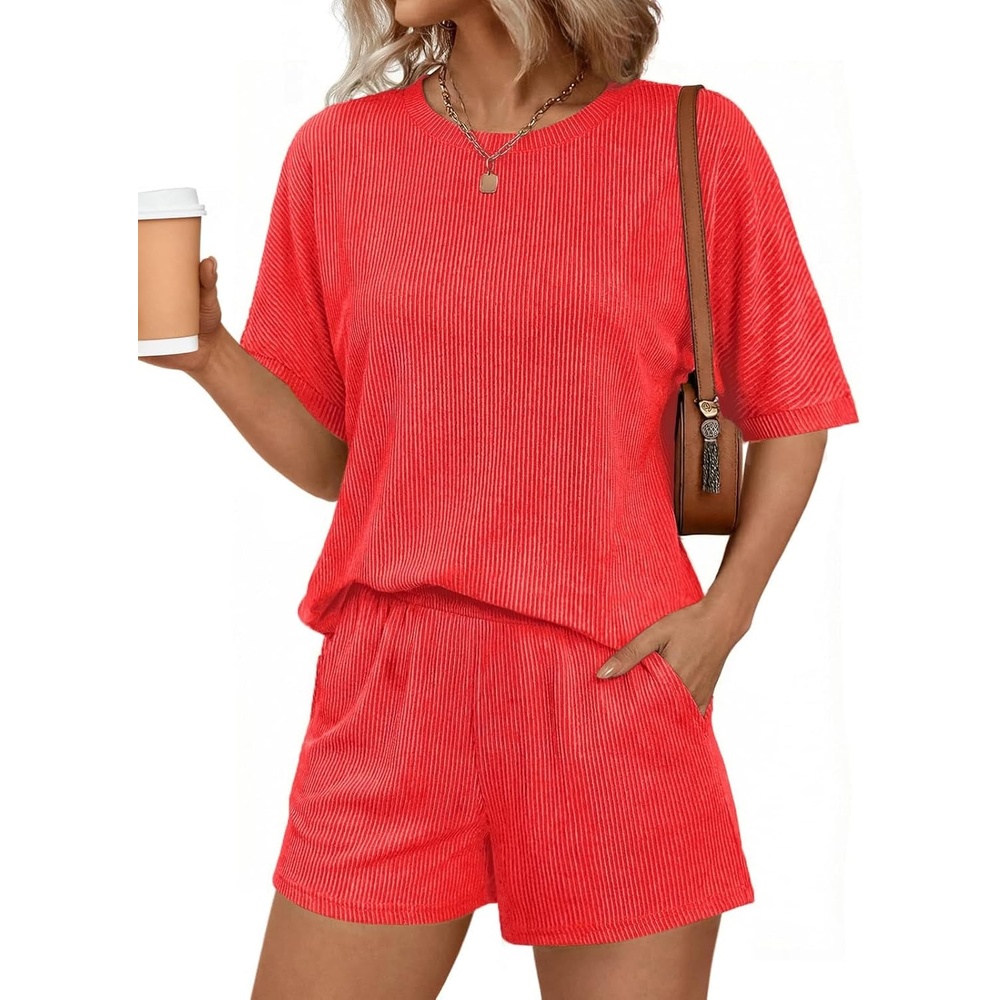 image:imageEkouaer Women 2 Piece Lounge Set 2026 Summer Cruise Outfits Ribbed Loose Short Sleeve Matching Sets with pocketOrange