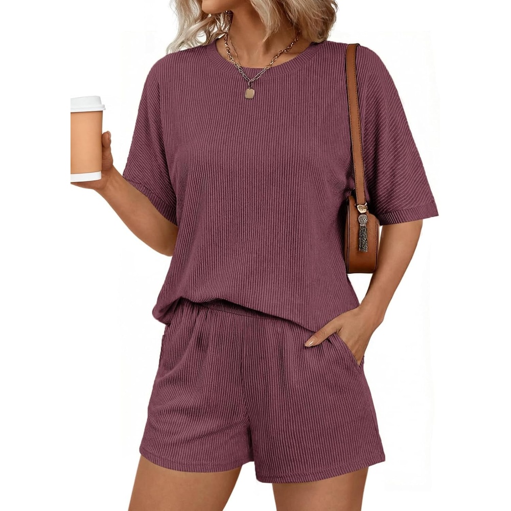 image:imageEkouaer Women 2 Piece Lounge Set 2026 Summer Cruise Outfits Ribbed Loose Short Sleeve Matching Sets with pocketPlum Pink
