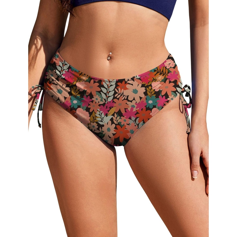 image:imageEkouaer Women Bikini Bottoms Mid Waist Swim Bathing Suit Bottom Full Coverage Swimsuit ShortsXSXXLPink Flower Leaves