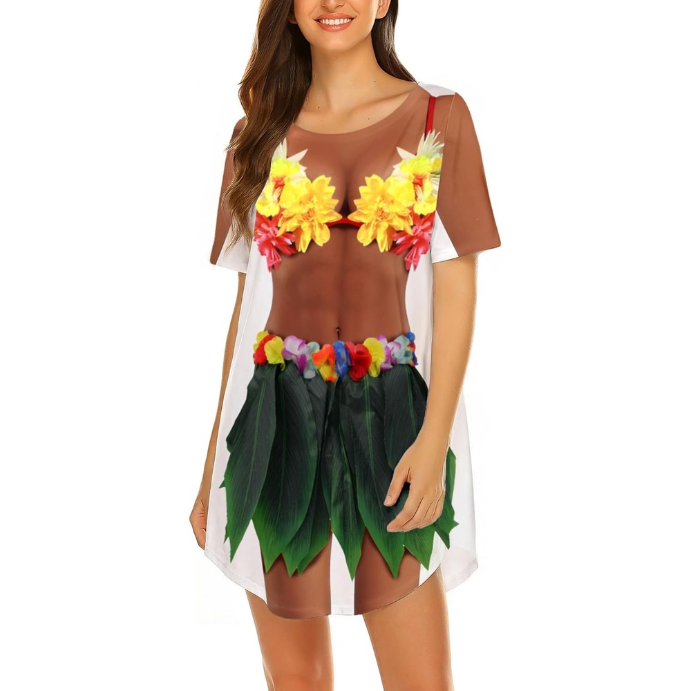 image:imageEkouaer Womens Bikini Shirt Cover Up Short Sleeve Cute Bikini Print CoverUp Baggy T Shirt Dress Fun WearFloral Luau