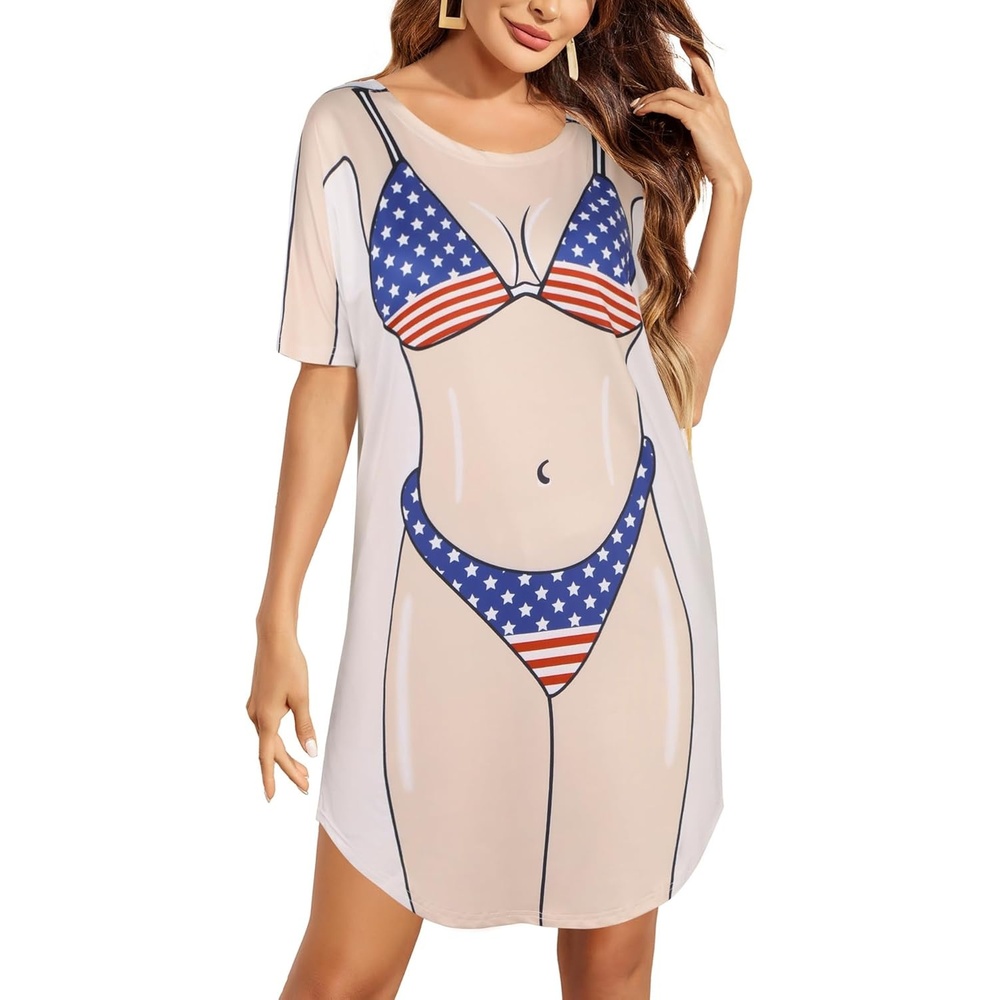 image:imageEkouaer Womens Bikini Shirt Cover Up Short Sleeve Cute Bikini Print CoverUp Baggy T Shirt Dress Fun WearUsa Flag