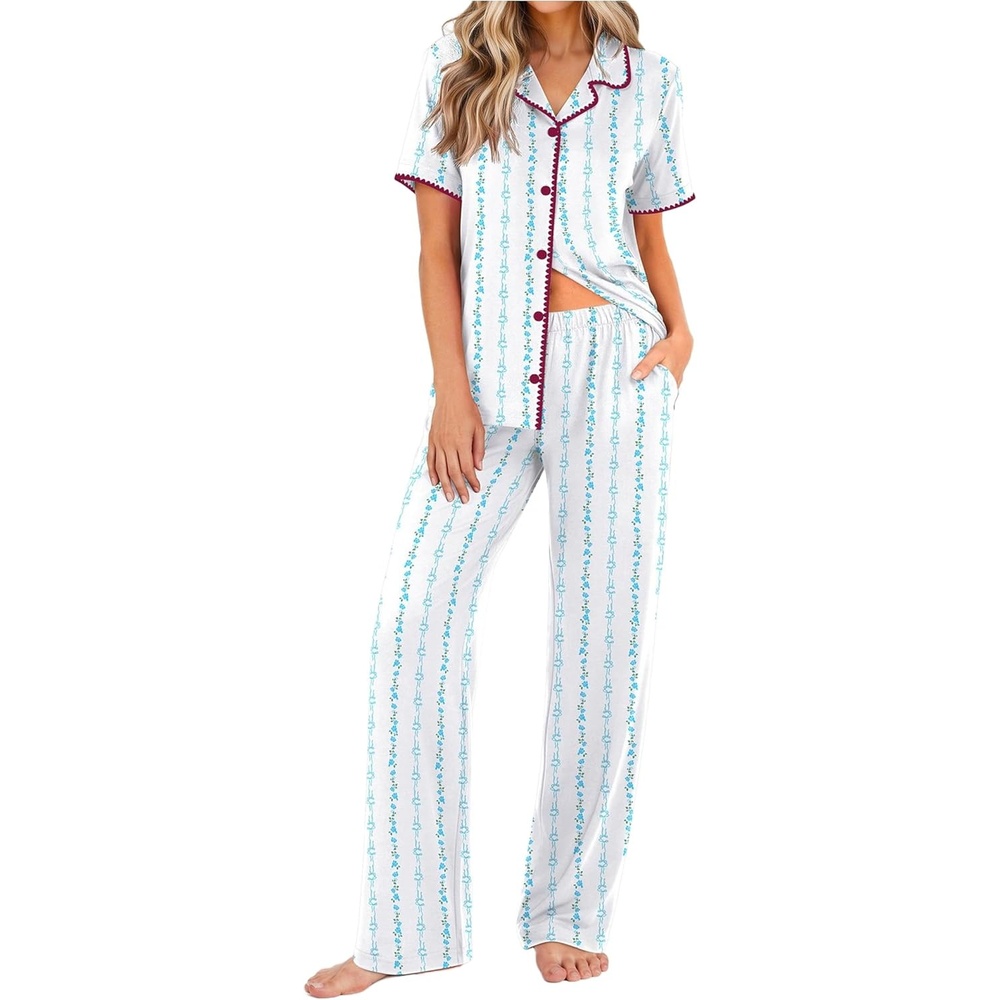 image:imageEkouaer Womens Pajama Sets Button Down Loungewear Short Sleeve Sleepwear 2 Piece Pants Pjs Set with Pockets SXXLBlue Stripe Bow