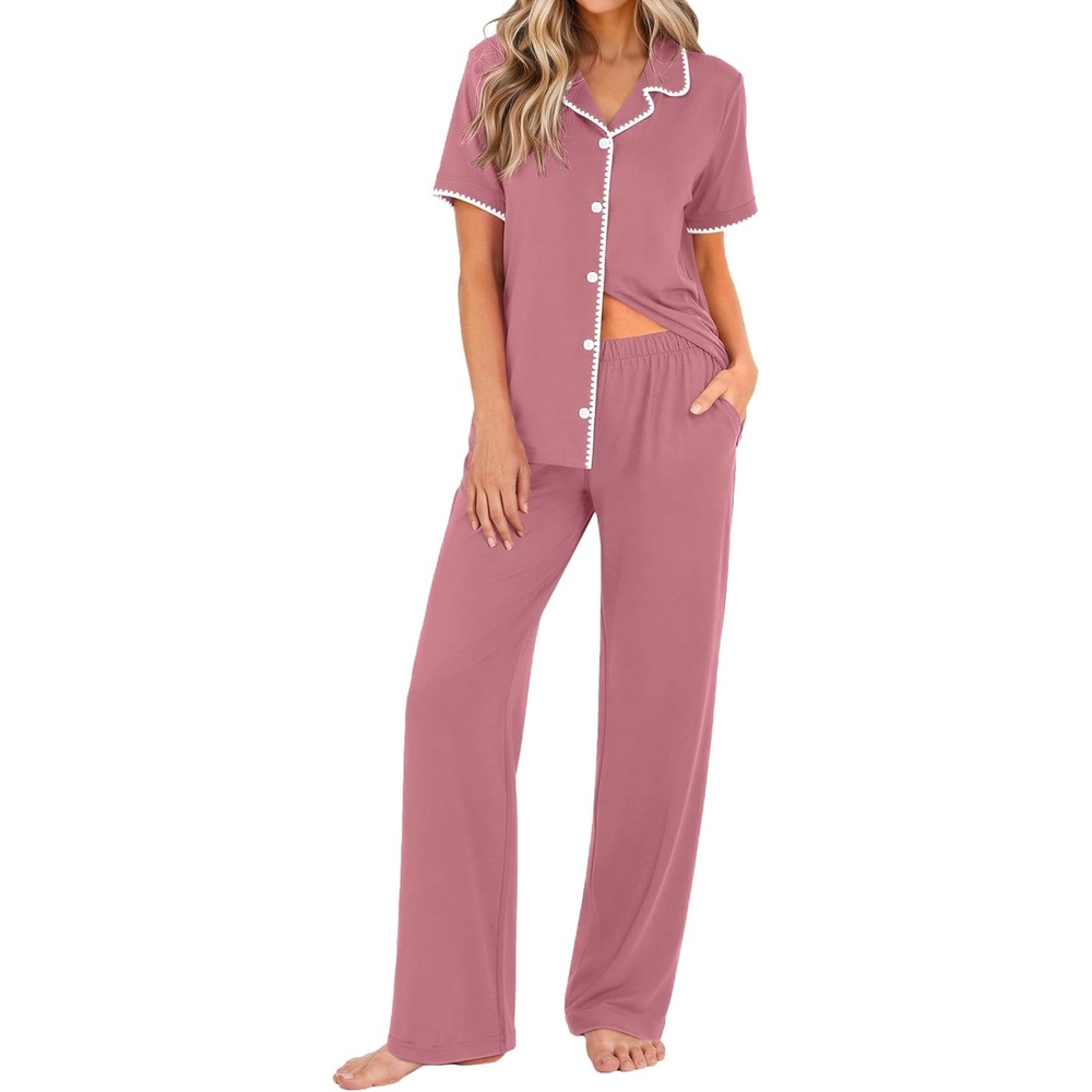 image:imageEkouaer Womens Pajama Sets Button Down Loungewear Short Sleeve Sleepwear 2 Piece Pants Pjs Set with Pockets SXXLDusty Rose