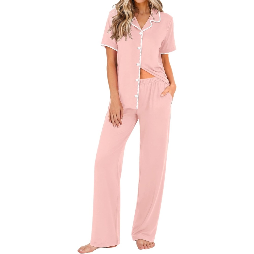 image:imageEkouaer Womens Pajama Sets Button Down Loungewear Short Sleeve Sleepwear 2 Piece Pants Pjs Set with Pockets SXXLPink