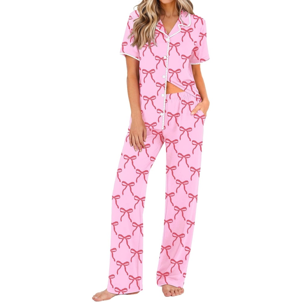 image:imageEkouaer Womens Pajama Sets Button Down Loungewear Short Sleeve Sleepwear 2 Piece Pants Pjs Set with Pockets SXXLPink Bow Knot