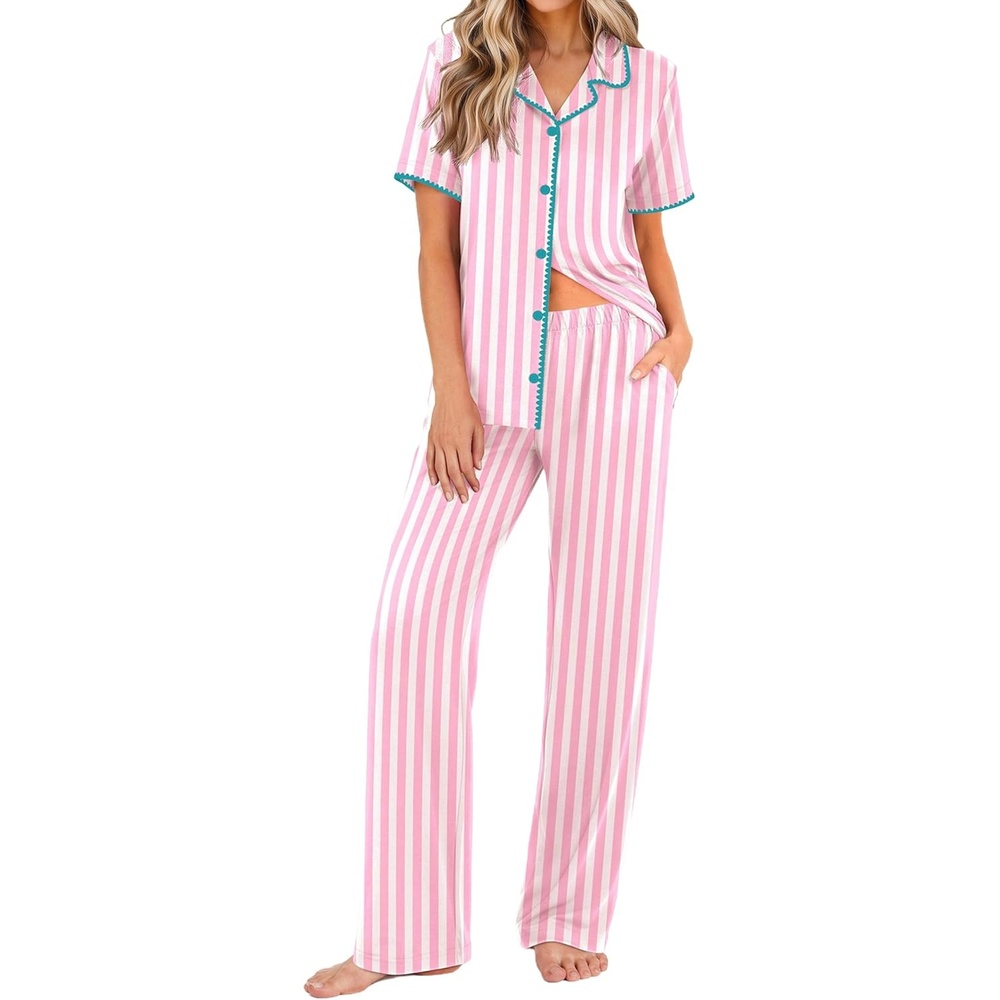 image:imageEkouaer Womens Pajama Sets Button Down Loungewear Short Sleeve Sleepwear 2 Piece Pants Pjs Set with Pockets SXXLPink Stripe