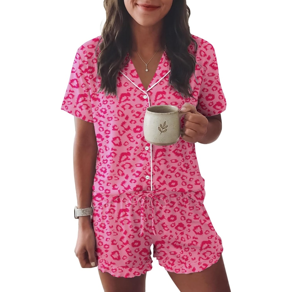 image:imageEkouaer Womens Pajama Sets Button Down Short Sleeve Top and Shorts Cute Ruffled Pjs Sets SleepwearHot Pink Leopard