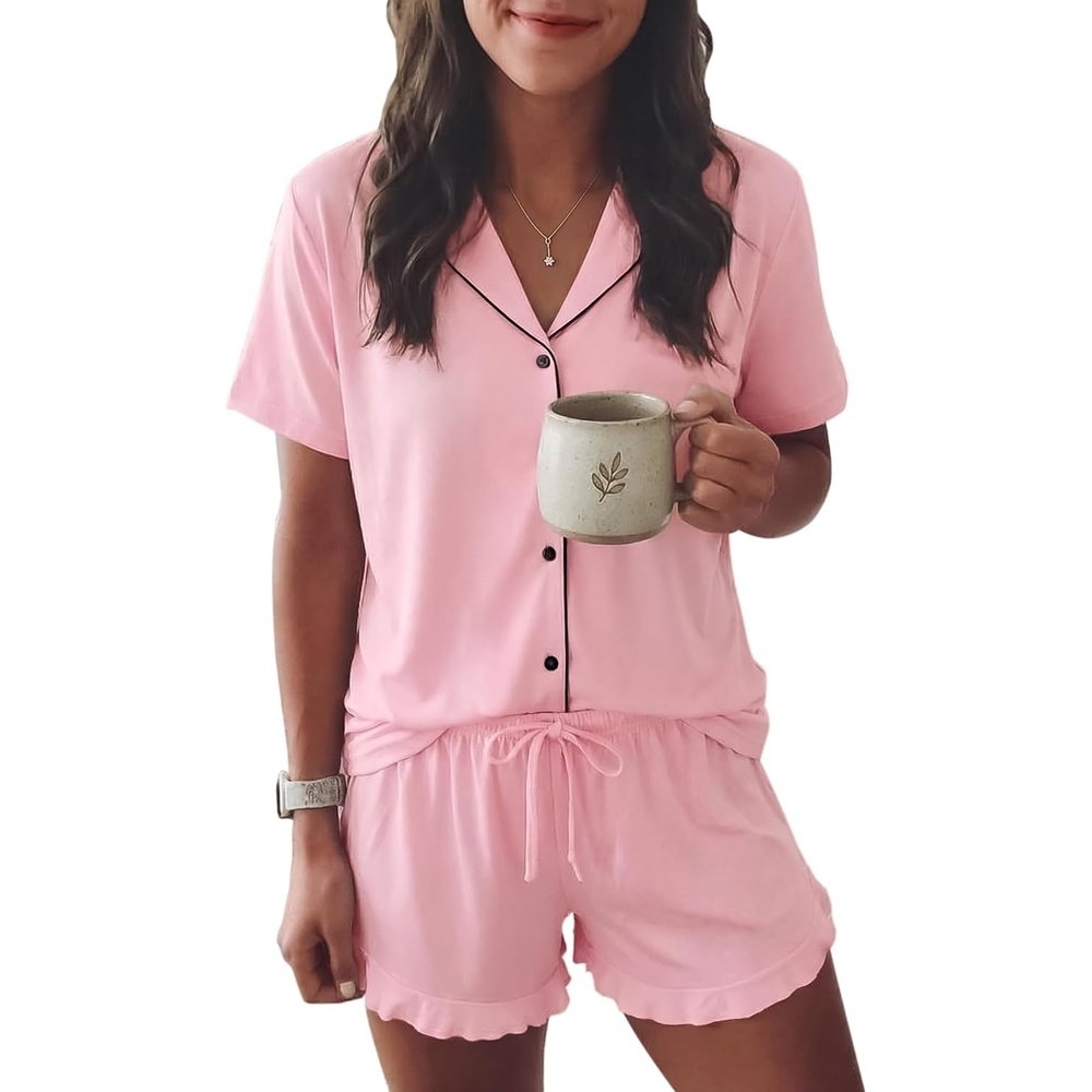 image:imageEkouaer Womens Pajama Sets Button Down Short Sleeve Top and Shorts Cute Ruffled Pjs Sets SleepwearPink